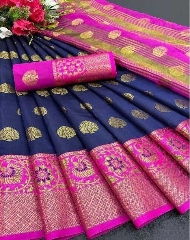 Woven Assam Silk Jacquard Saree  (Blue)