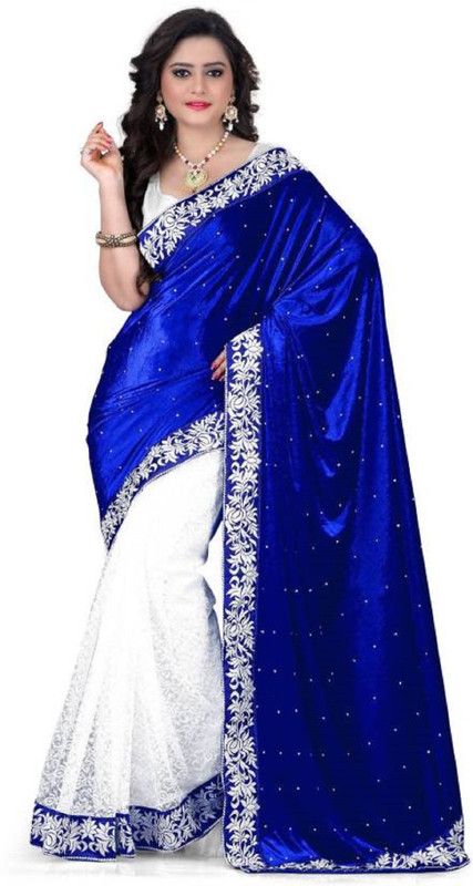 Embellished Bollywood Velvet Saree  (Blue)