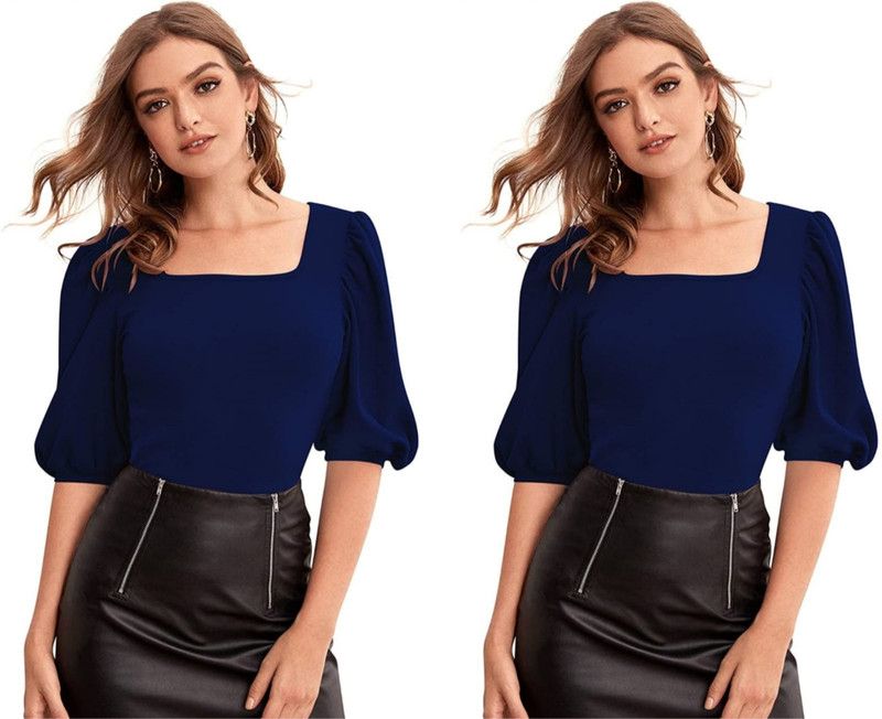 Pack of 2 Casual Puff Sleeves Solid Women Dark Blue Top