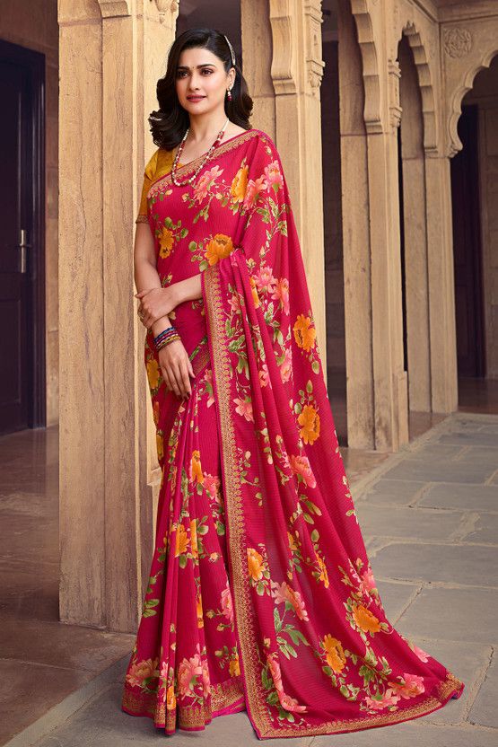 Printed, Polka Print, Checkered, Color Block, Blocked Printed, Applique, Ombre, Paisley, Woven Pochampally Georgette, Art Silk Saree  (Red, Pink)