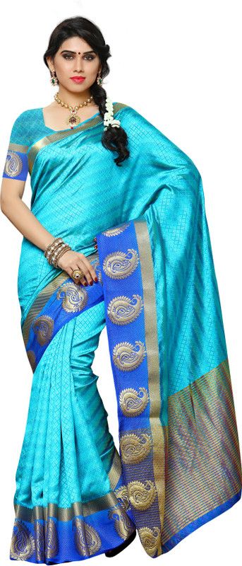 Paisley, Woven Kanjivaram Tussar Silk Saree  (Light Blue)