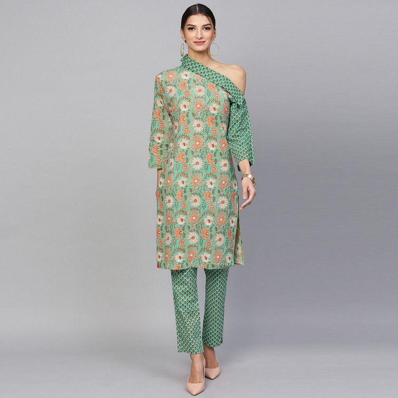 Women Printed Cotton Blend Straight Kurta  (Green, White, Orange)