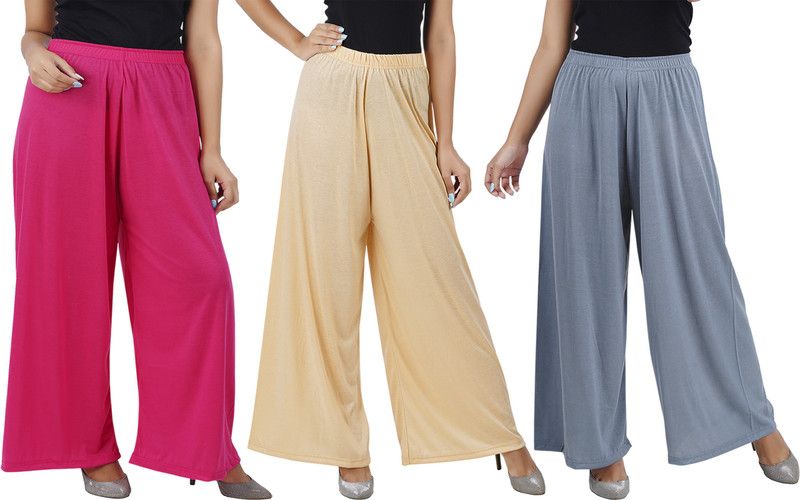 Pack of 3 Women Flared Pink, Beige, Grey Cotton Blend Trousers