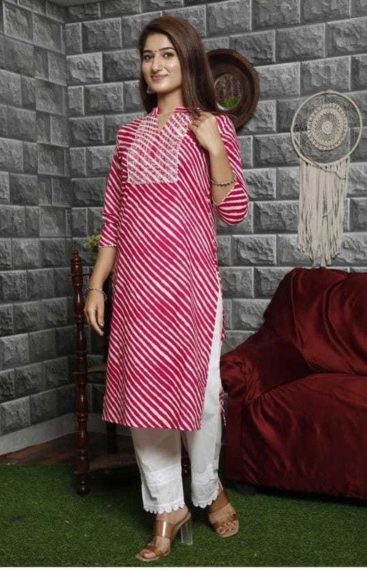 Women Leheriya Kurta  (Pink, White)