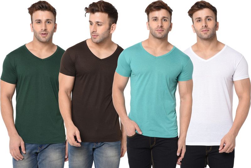 Pack of 4 Men Solid V Neck Cotton Blend Green, White, Brown T-Shirt