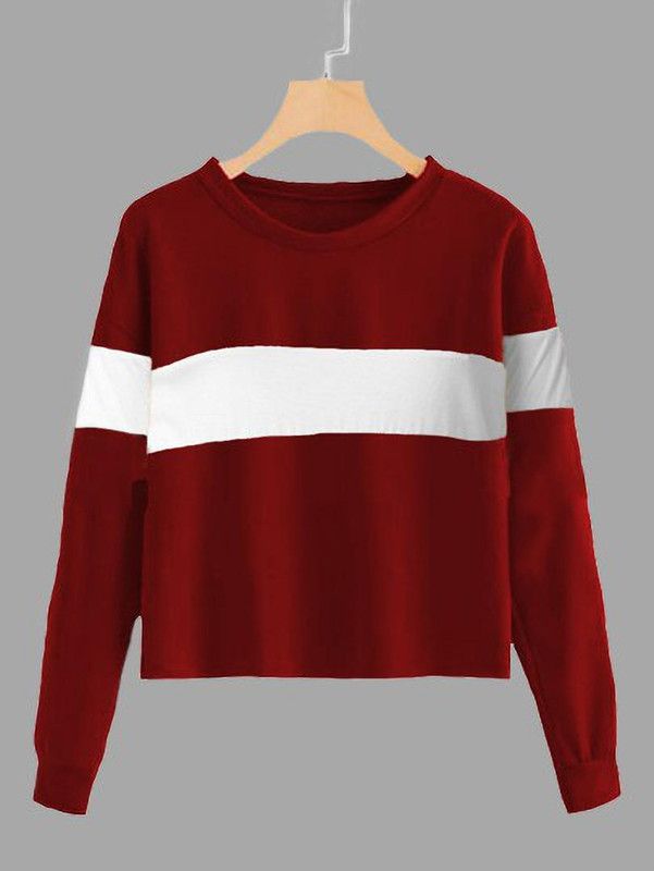 Women Colorblock Round Neck Cotton Blend White, Maroon T-Shirt