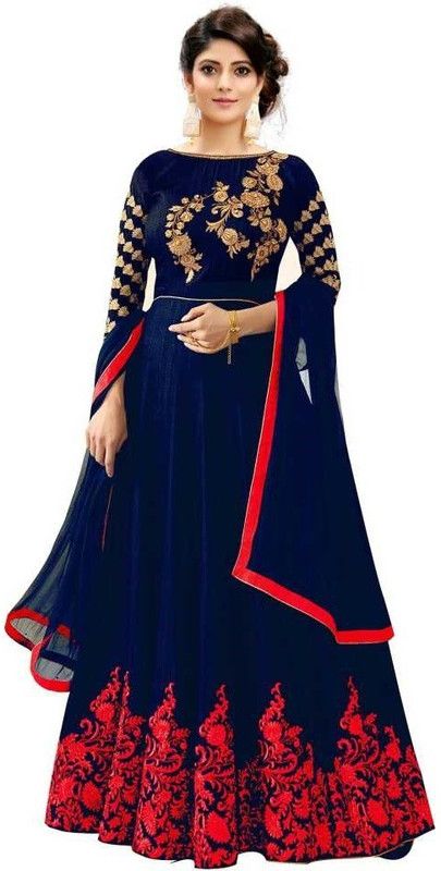 Semi Stitched Lehenga Choli  (Red, Blue)