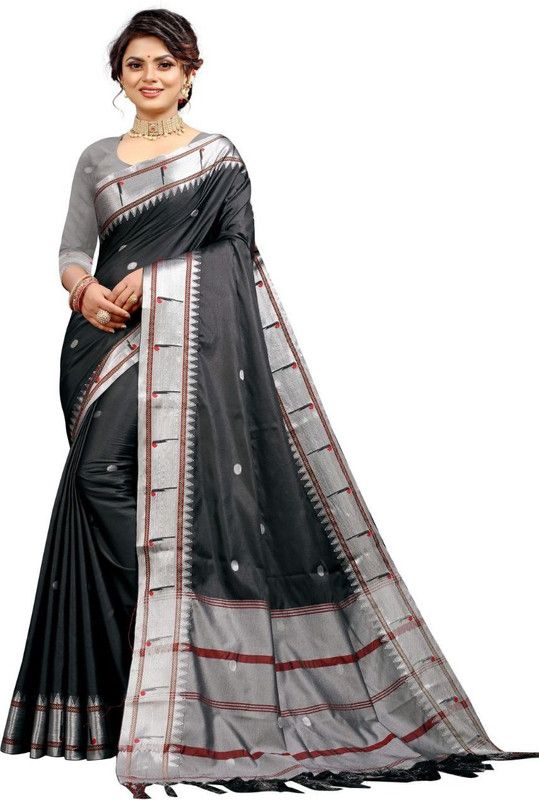 Woven Paithani Jacquard, Art Silk Saree  (Black)