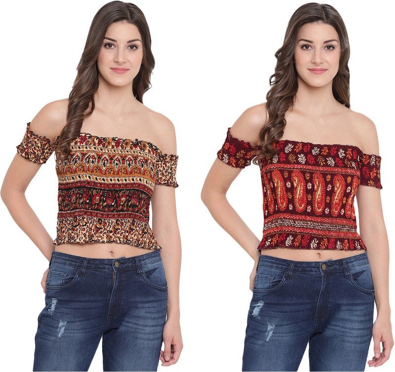 Pack of 2 Casual One Shoulder Sleeves Printed Women Multicolor Top