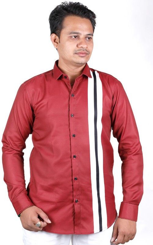 Men Striped Casual White, Maroon Shirt