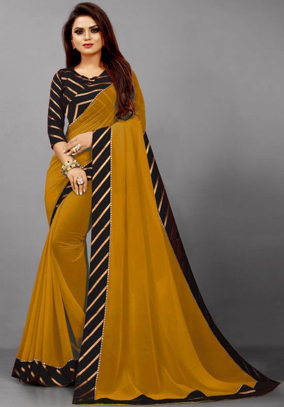 Striped Bollywood Silk Blend Saree  (Mustard)