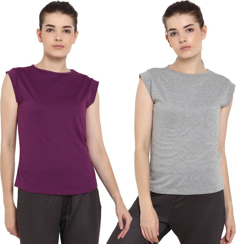 Pack of 2 Women Solid Round Neck Pure Cotton Purple, Grey T-Shirt