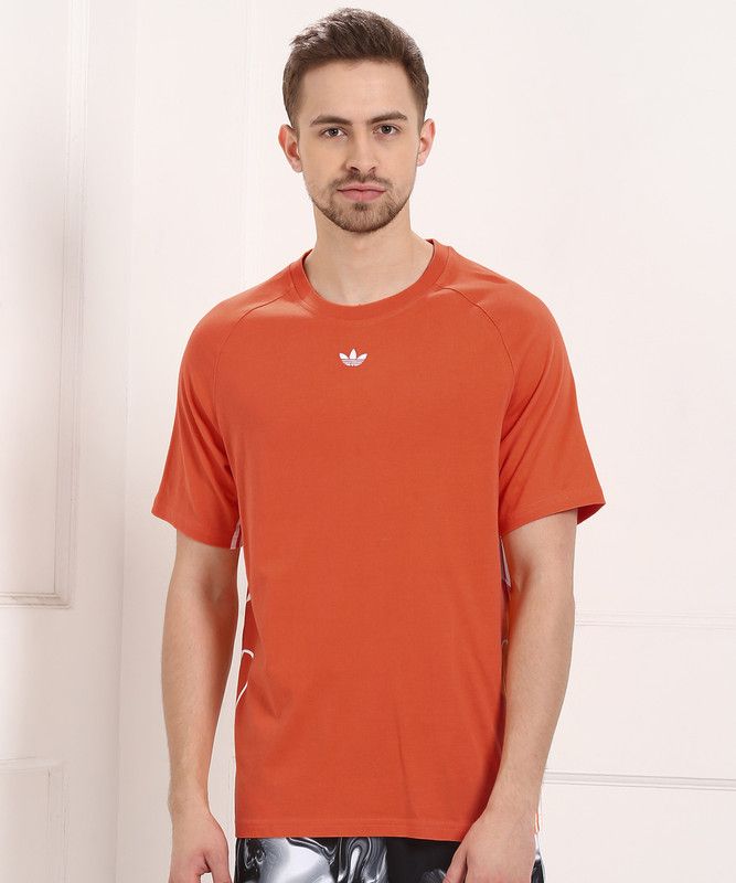 FLAMESTRK TEE Men Striped Round Neck Cotton Blend Orange T-Shirt