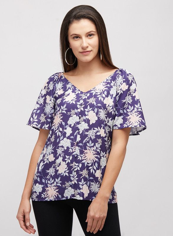 Casual Flared Sleeves Printed Women Purple Top