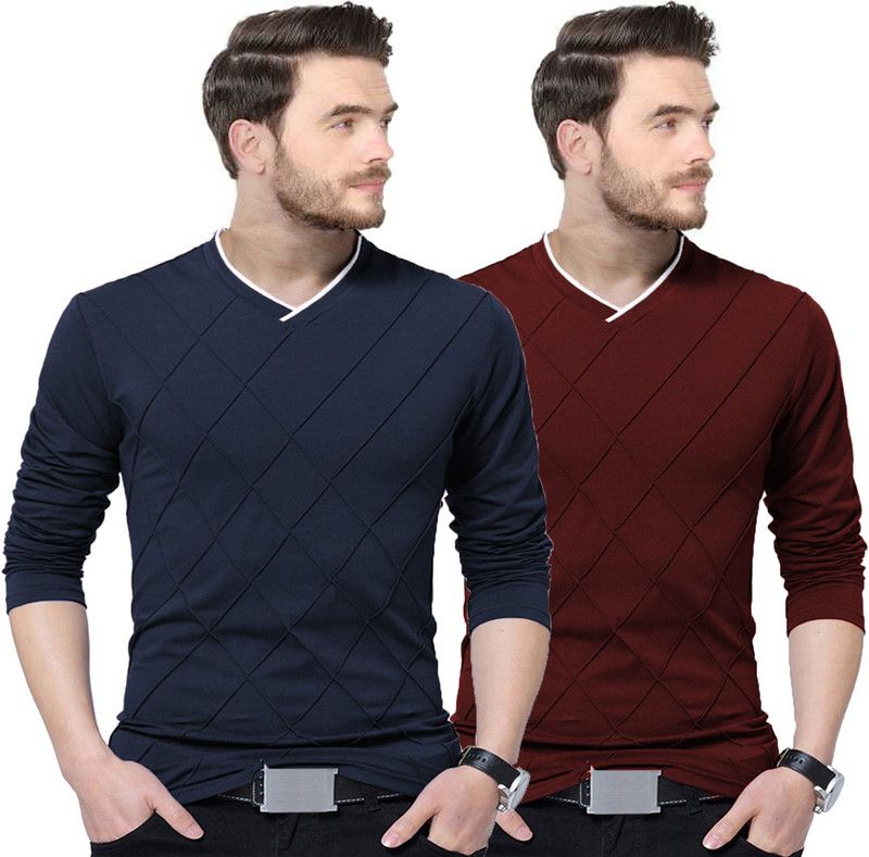 Pack of 2 Men Solid V Neck Pure Cotton Dark Blue, Maroon T-Shirt