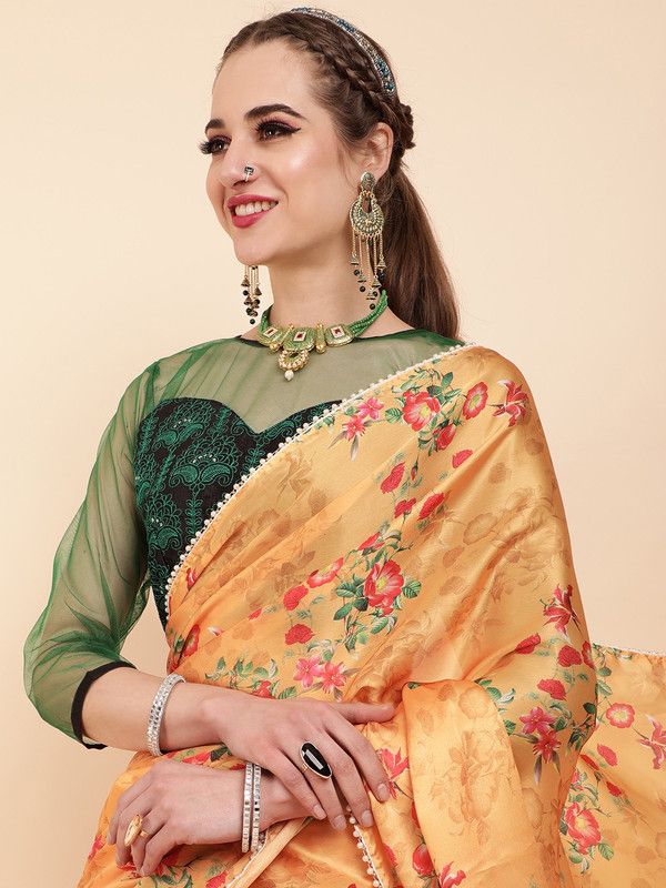 Digital Print Fashion Satin Saree  (Mustard)
