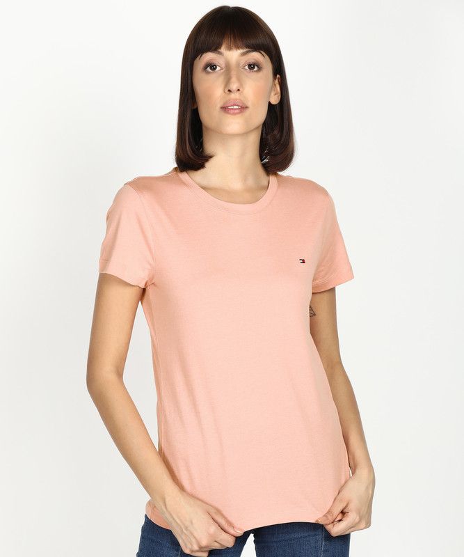 Tommy Hilfeger Womens Round Neck Short Sleeve T-Shirt Women Solid Round Neck Cotton Blend Pink T-Shirt