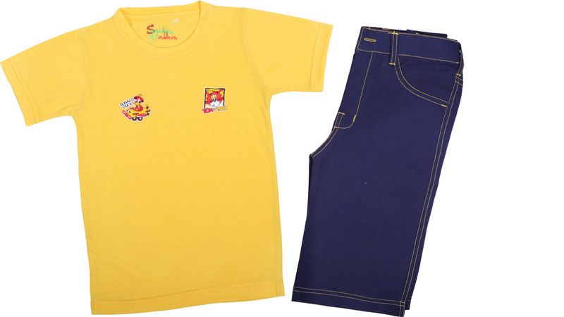 Boys Doraemon Casual T-shirt Three Fourth Pant  (Yellow)