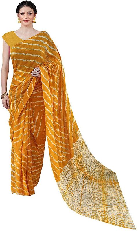 Printed, Striped Daily Wear Pure Cotton Saree  (Yellow)