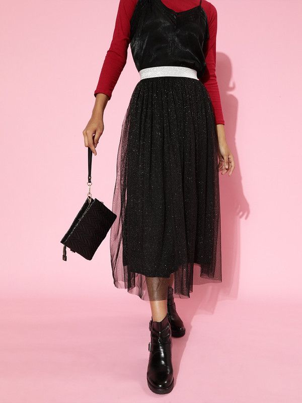 Women Self Design Flared Black Skirt