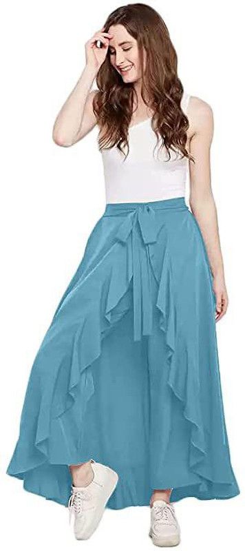 Women Flared Light Blue Silk Blend Trousers