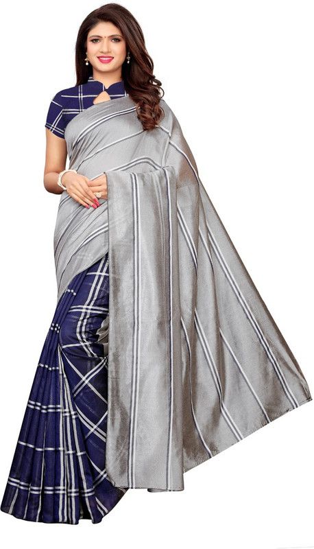 Striped, Woven, Checkered Bollywood Silk Blend, Pure Silk Saree  (Dark Blue, Grey)
