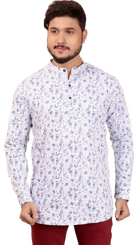 Men Printed Pure Cotton Straight Kurta  (White, Blue)