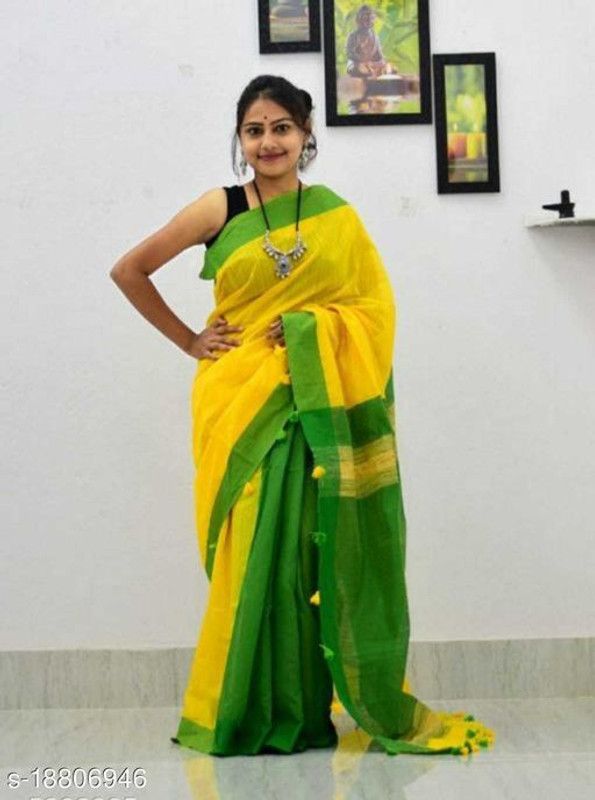 Bollywood Cotton Silk Saree  (Green, Yellow)