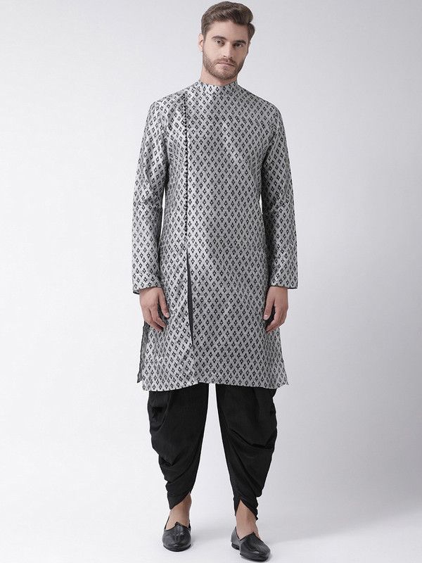 Men Printed Dupion Silk Straight Kurta  (Silver)