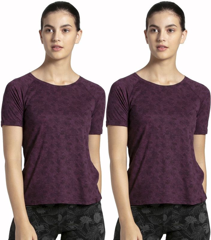 Pack of 2 Women Floral Print Round Neck Pure Cotton Purple T-Shirt