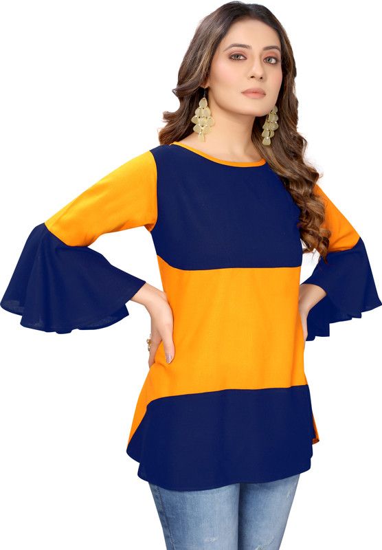 Casual Bell Sleeves Color Block Women Blue, Yellow Top