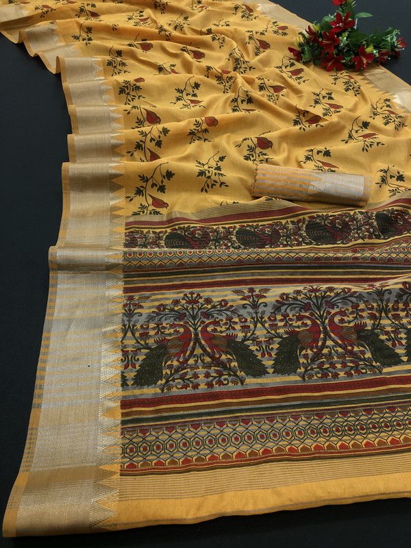 Printed Assam Silk Cotton Blend, Pure Cotton Saree  (Yellow)