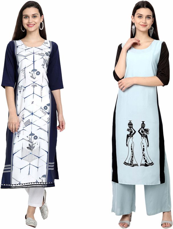 Pack of 2 Women Colorblock Crepe Straight Kurta  (Multicolor)