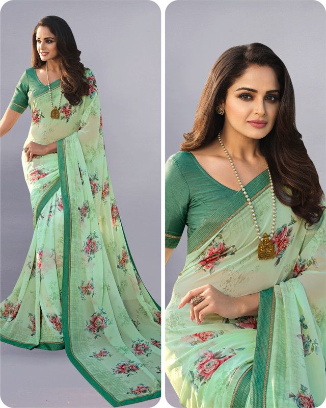 Embellished, Digital Print, Printed Bollywood Georgette, Chiffon Saree  (Light Green)