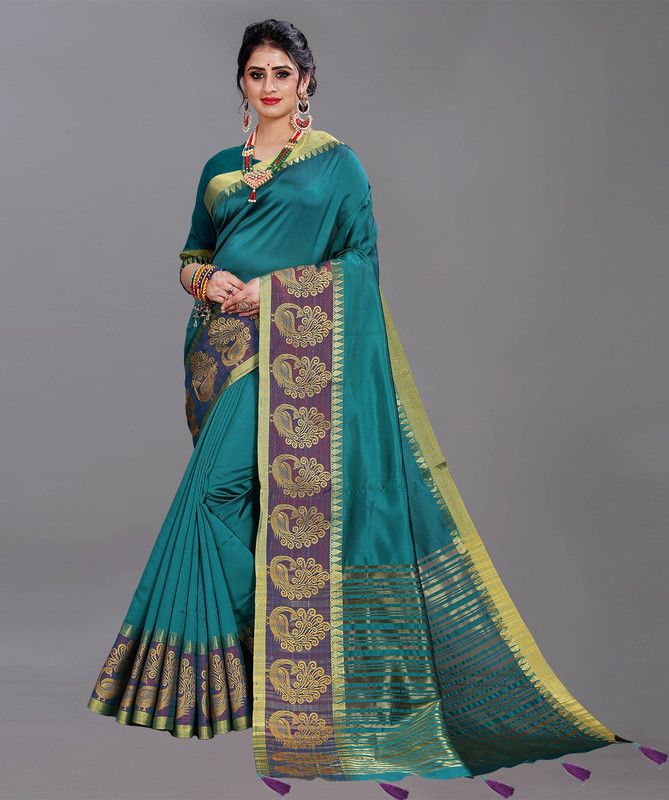 Embellished Maheshwari Cotton Blend Saree  (Blue)