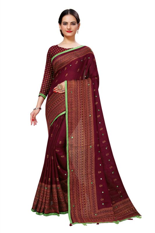 Printed, Embroidered, Embellished, Polka Print, Solid/Plain Bollywood Cotton Blend, Cotton Jute Saree  (Maroon)