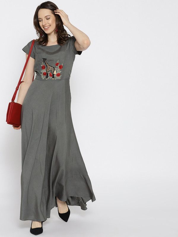 Women Floral Print Cotton Blend Flared Kurta  (Grey)