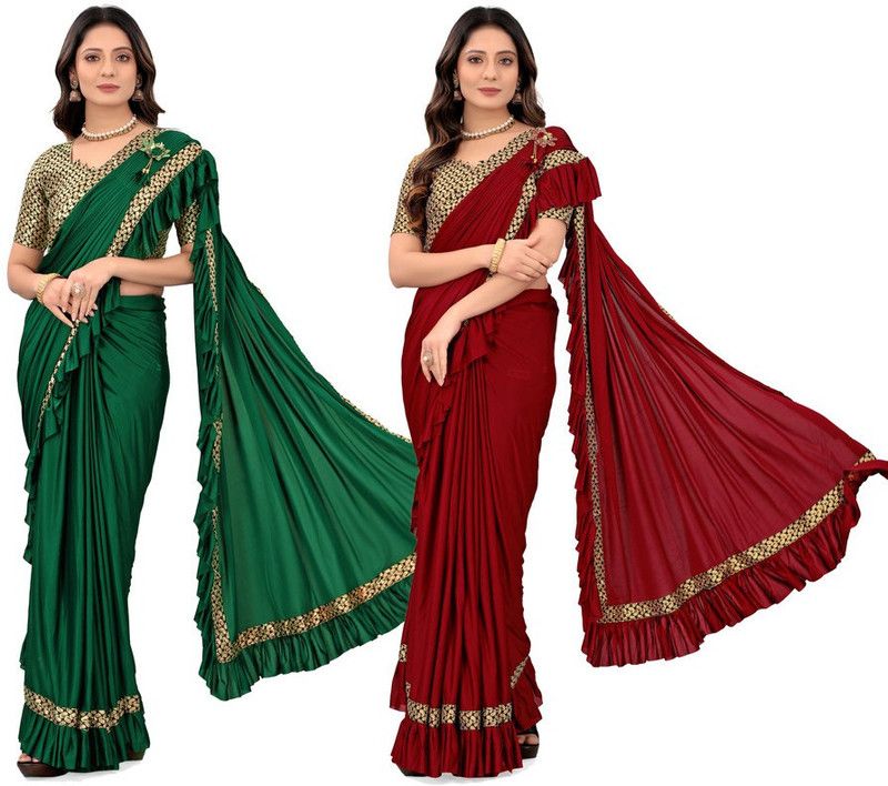 Printed Fashion Lycra Blend Saree  (Pack of 2, Green, Red)