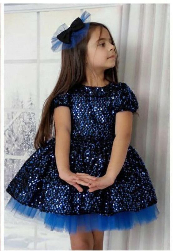 Girls Above Knee Party Dress  (Blue, Short Sleeve)