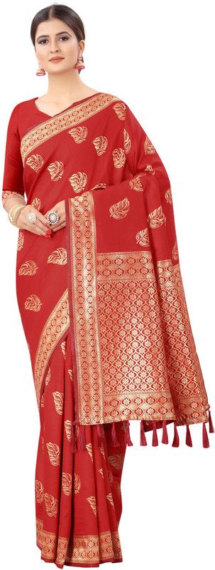 Woven Banarasi Silk Blend Saree  (Red)