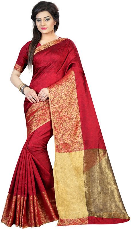 Printed Bollywood Silk Blend Saree  (Red)