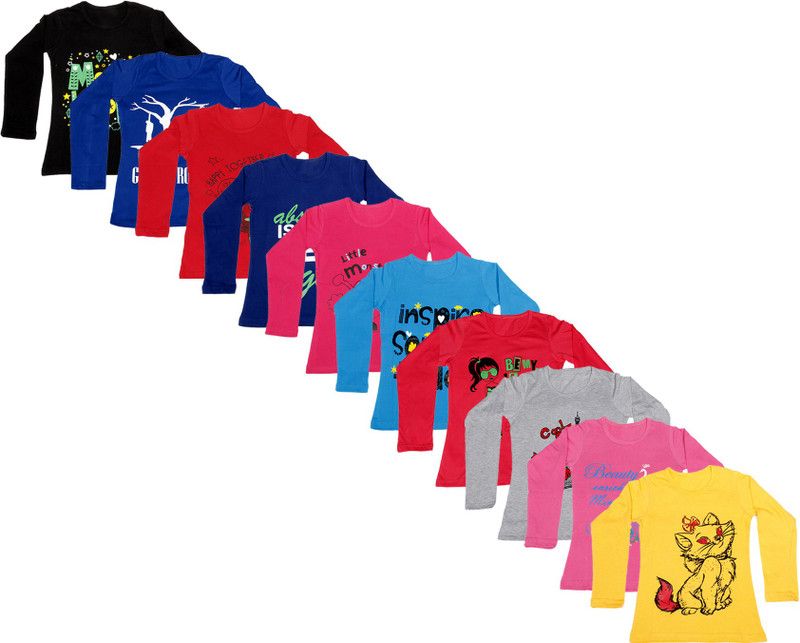 Girls Printed Cotton Blend T Shirt  (Multicolor, Pack of 10)