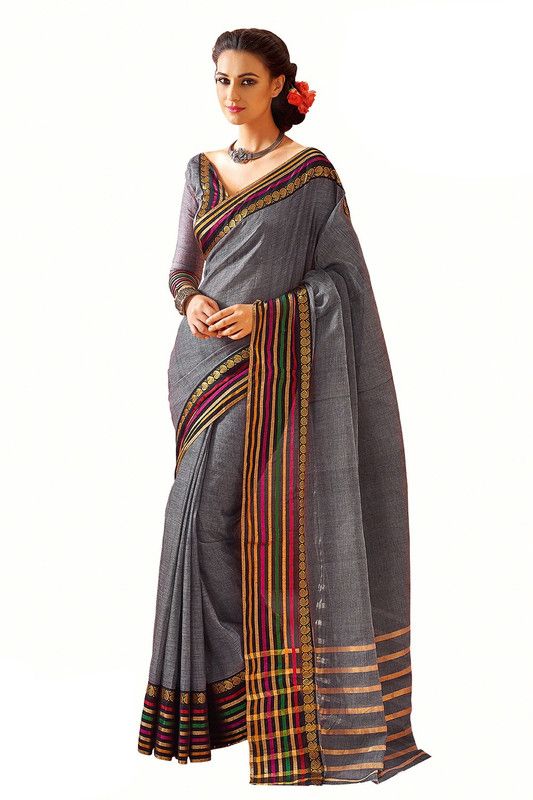 Woven Bollywood Cotton Blend Saree  (Grey)