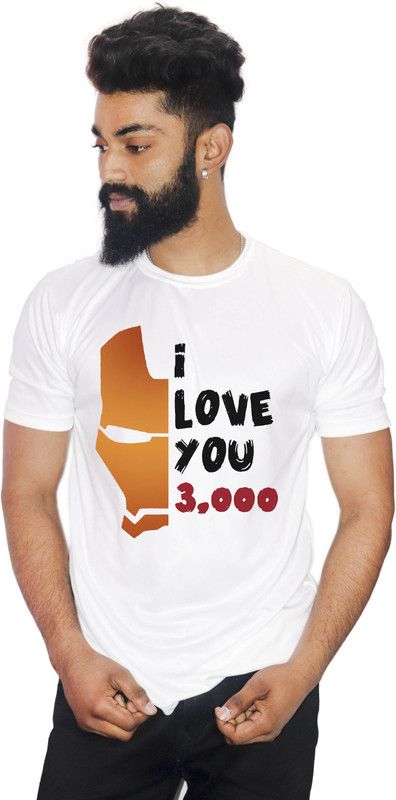 I Luv You 3000 Iron Man Men Printed Round Neck Polyester White, Black T-Shirt