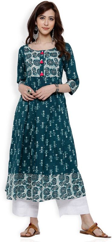 Women Printed Cotton Blend Anarkali Kurta  (Blue, Beige)