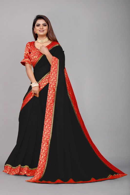 Self Design Bollywood Georgette, Art Silk Saree  (Black, Red)