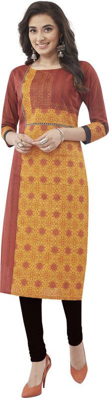 Women Geometric Print Cotton Blend Straight Kurta  (Maroon, Yellow)
