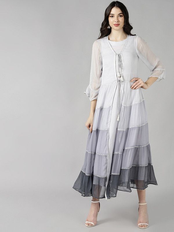Women Woven Design Chiffon Anarkali Kurta  (Grey)