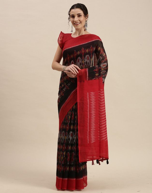 Floral Print, Geometric Print, Printed Patola Cotton Silk Saree  (Maroon, Black)