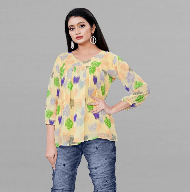 Casual Ruffled Sleeves Printed Women Pink Top